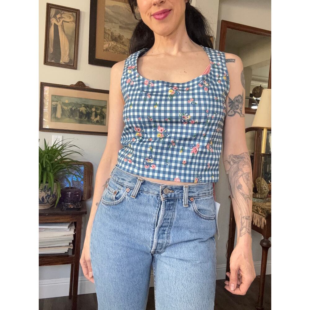 Rouje Paris Mathis  tank top blue Gingham flower flattering fitted sleeveless 36